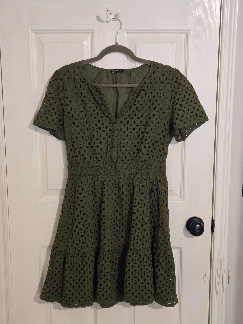Pretty Garden Olive Eyelet V-Neck Short Dress